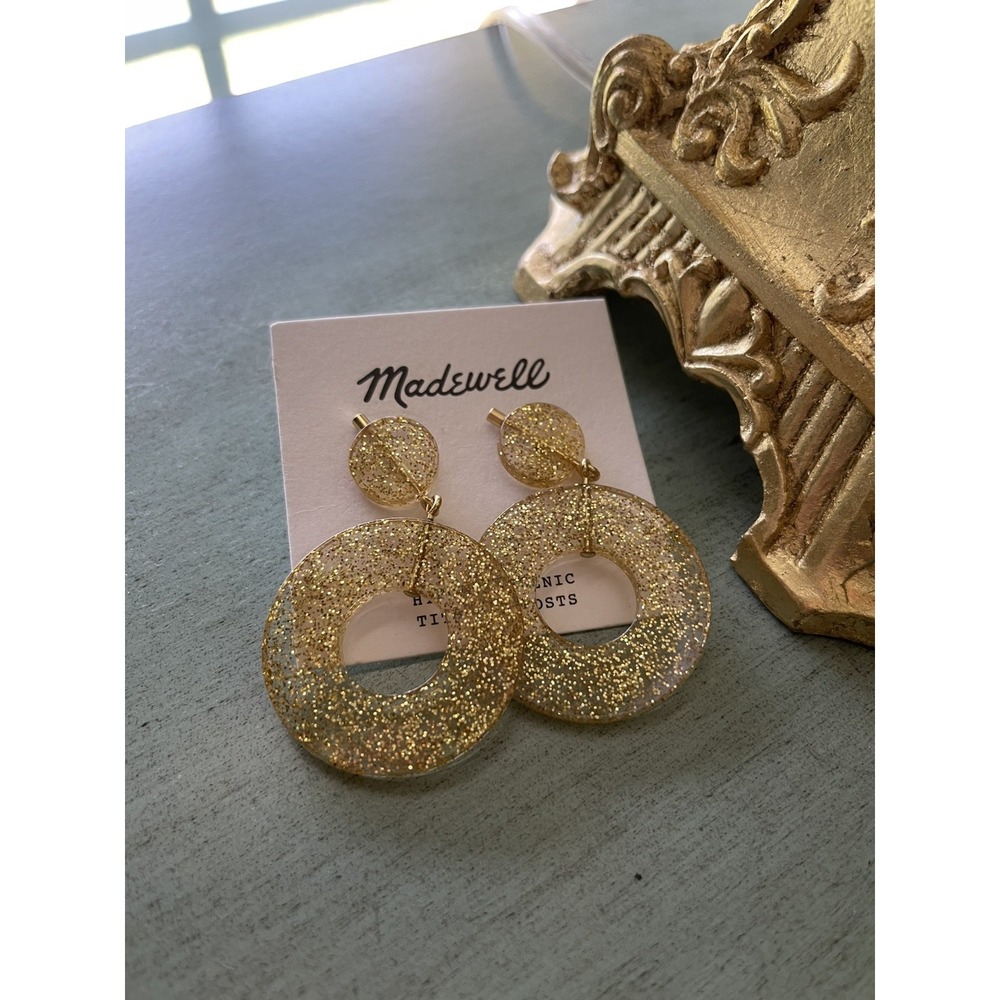 2.5" Madewell Clear Gold Glitter Lucite Hoop Earrings Button Stud Titanium Posts